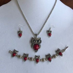 Owl Necklace, Earrings and Bracelet Set